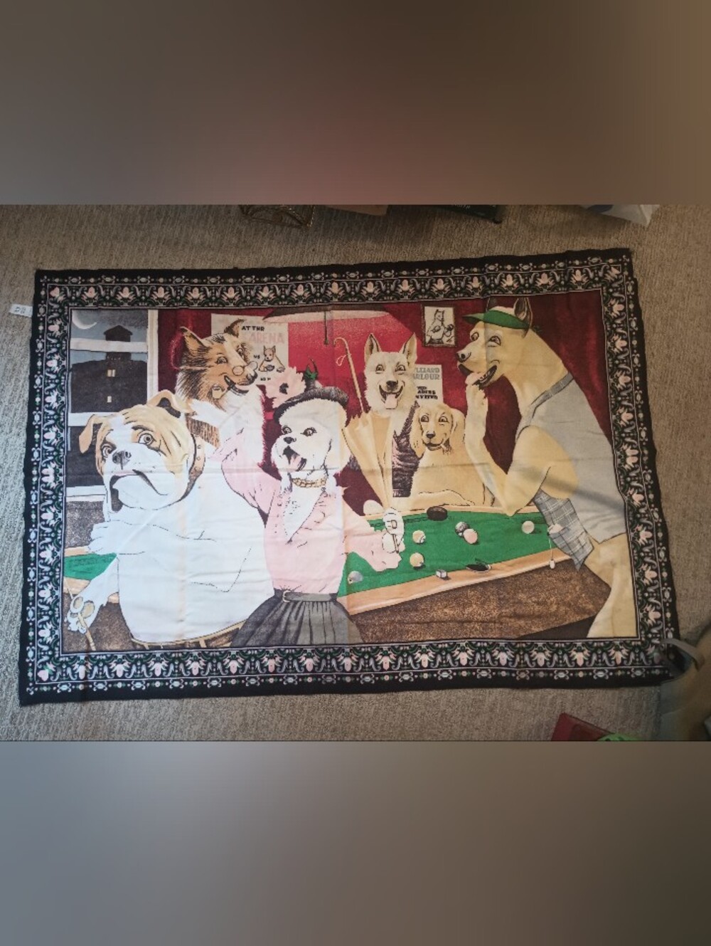 Vintage RJ Dogs Pool Cotton Tapestry Wall Hanging Made in Turkey WPL 13379